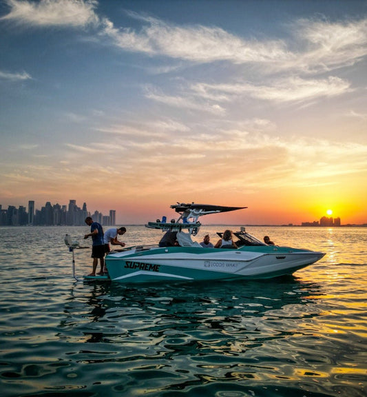 Doha: Surf'N Grill: Sunset Wakesurf Session including BBQ on the boat