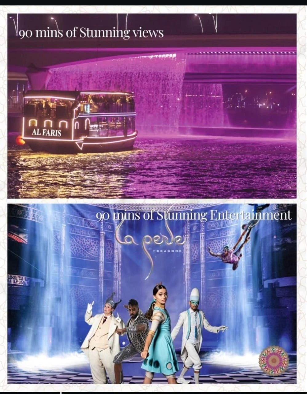 From Dubai: Dinner Cruise on Dubai Water Canal and La Perle Show with Silver Pass