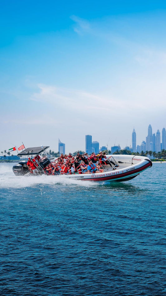 Dubaj: przystań łodzią motorową, Atlantis, Palm i Burj Al Arab