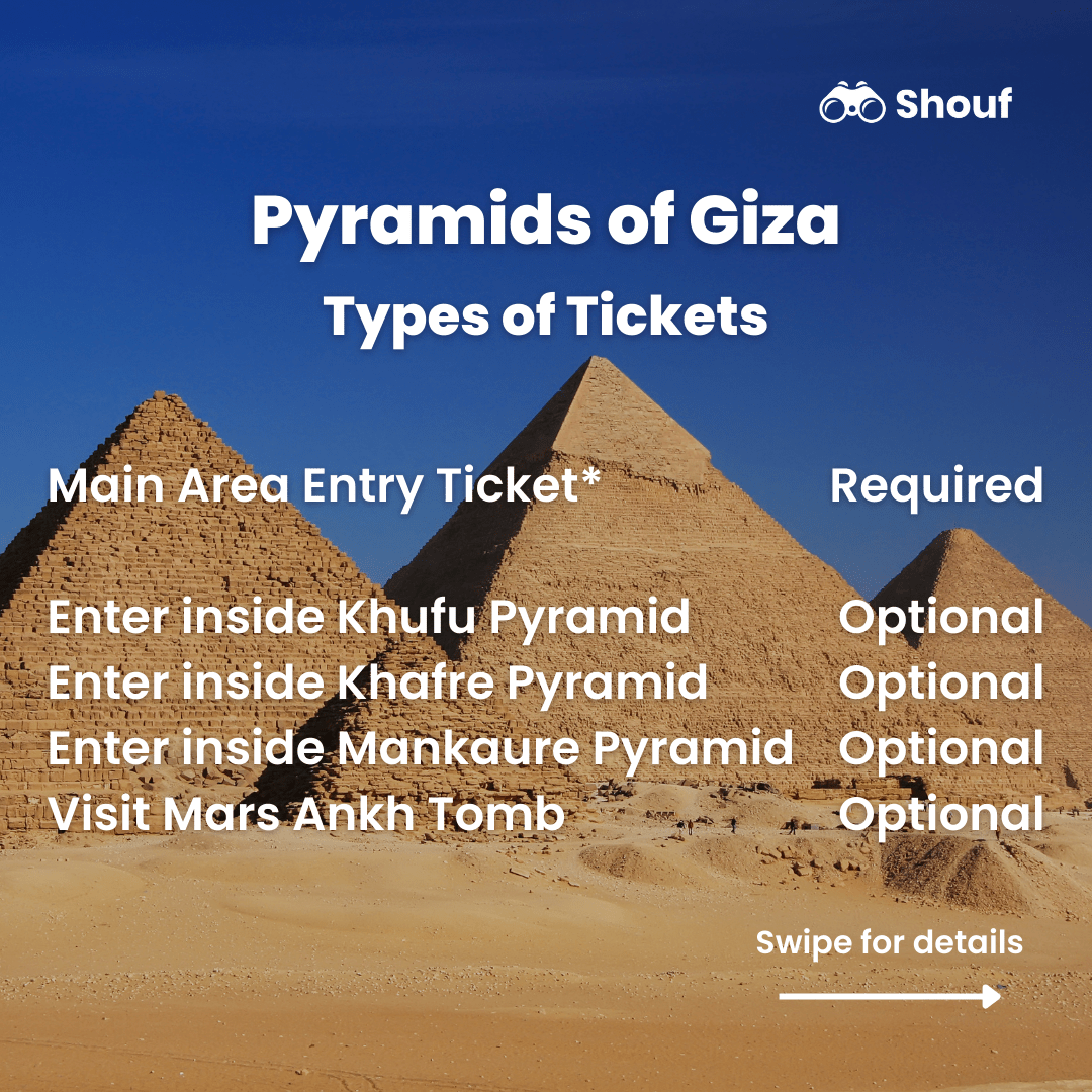 What's included in the main ticket for the pyramids of Giza