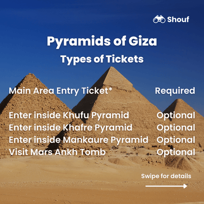 What's included in the main ticket for the pyramids of Giza